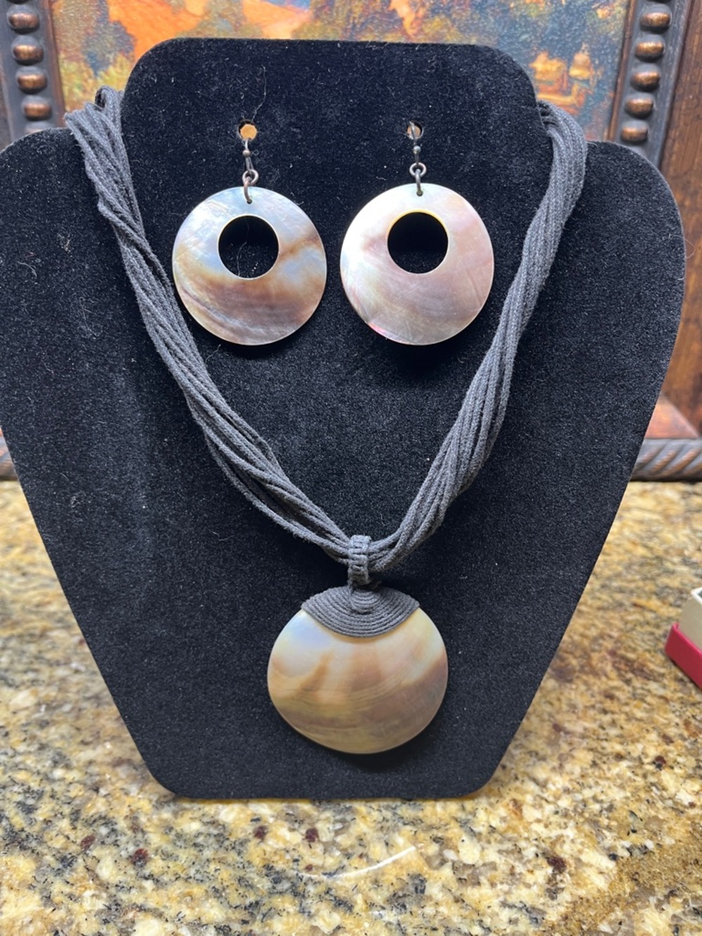 Iridescent Brown Shell Disc Necklace and Hoop Earrings Set